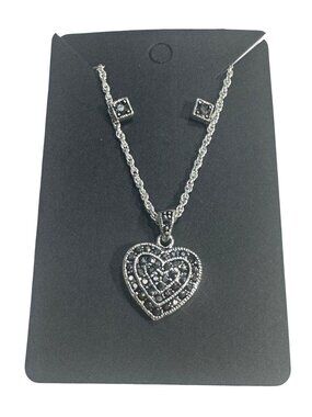 Heart Pendant Necklace Earrings Set Silver Tone Black Stone Accents Jewelry Gift